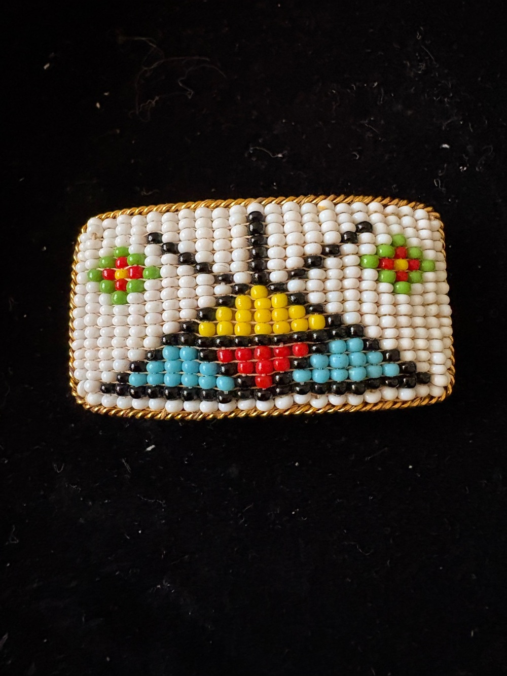 Vintage Beaded Rectangle Belt Buckle- White, Blue & Yellow